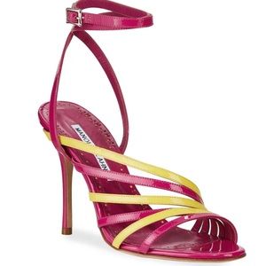 MANOLO BLAHNIK Acante Patent Ankle-Wrap Sandals